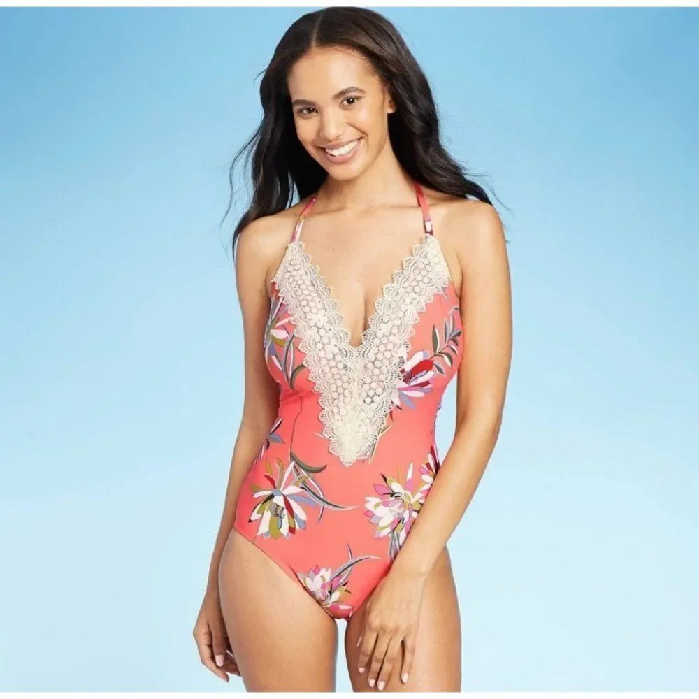 Halter coral lace Women One Piece Swimsuit Size M